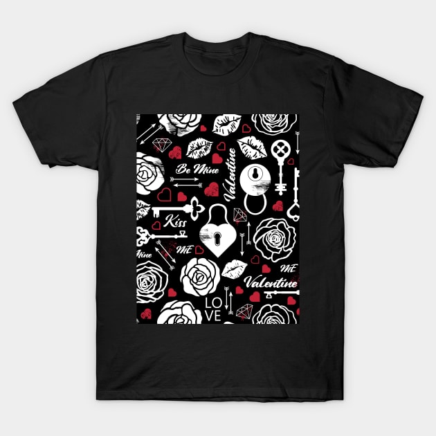 Kitsch Valentine | black, white and red | love pattern T-Shirt by RenattaZare